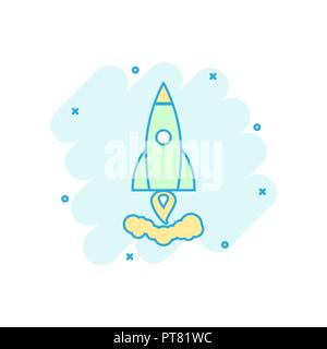 Cartoon colored rocket icon in comic style. Space shuttle illustration pictogram. Rocket sign splash business concept. Stock Vector