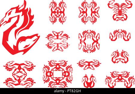 Dragon and horse double flaming abstract symbols. Aggressive unusual symbol created by the head of a dragon and the horse head. Tribal flaming symbols Stock Vector