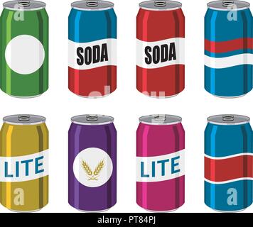 vector drink tin cans, aluminum colorful containers isolated on white background. flat can icons Stock Vector