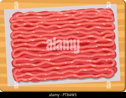 vector minced meat on wooden kitchen board isolated on white background, ground raw meat of beef or pork ready for cooking. flat graphic style Stock Vector