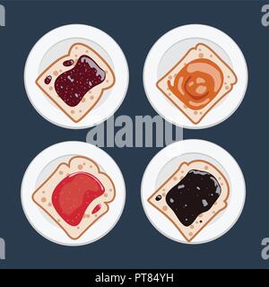 vector set of white toast bread slices with fruit jam of apple, blueberry, peach, raspberry and strawberry. top view of toast bread slice in a plate,  Stock Vector