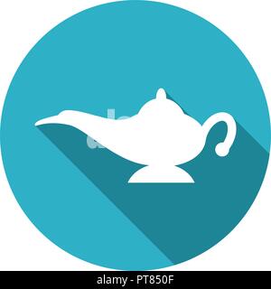 vector genie magic aladdin lamp without smoke. flat icon of alladin white lantern on blue background Stock Vector