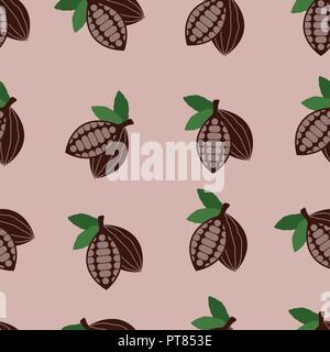 vector cocoa seamless background pattern. chocolate organic food symbols. cocoa beans and leaves. cacao tree fruits Stock Vector