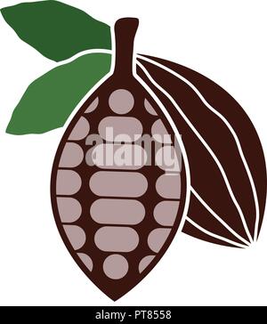 vector icon of cocoa bean. chocolate organic food symbol. cocoa bean and leaves. cacao tree fruit Stock Vector