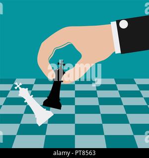 vector illustration of playing chess game and defeating the king. business concept of strategy success. hand holding king chess piece Stock Vector