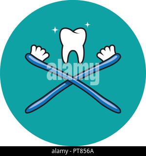 vector toothbrush and healthy tooth icon isolated on white background. dental care illustration with shiny tooth and two crossed toothbrushes. oral hy Stock Vector