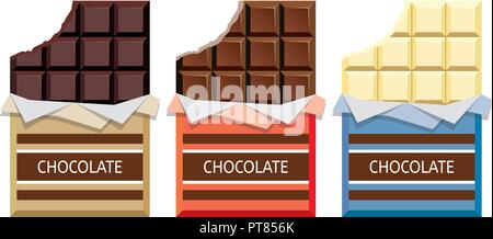 vector collection of opened dark chocolate, milk chocolate and white chocolate bars with a piece of chocolate bar in foil wrapper eps10 illustration Stock Vector