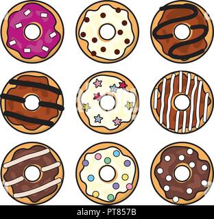 vector modern flat style icons of glazed colorful donuts with glaze, chocolate and sprinkles, isolated doughnuts on white background. simple donut ico Stock Vector