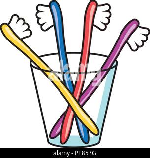 vector colorful toothbrushes in a glass cup. tooth brush collection with no toothpaste and transparent glass cup isolated on white background. dental  Stock Vector