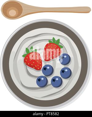 vector greek yogurt in a bowl with wooden spoon isolated on white background. white homemade cream with strawberry and blueberry fruits, top view. bro Stock Vector