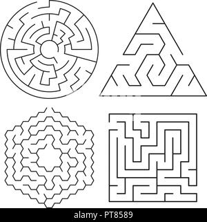 vector maze puzzles collection isolated on white background. abstract labyrinth graphic of round, square, triangular and hexagonal shapes. find a way  Stock Vector