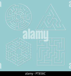 vector maze puzzles collection isolated on blue background. abstract labyrinth graphic of round, square, triangular and hexagonal shapes. find a way g Stock Vector