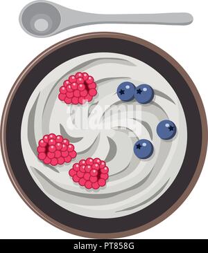 vector greek yogurt in a bowl with plastic spoon isolated on white background. white homemade cream, top view. healthy greek dairy food concept. blue  Stock Vector