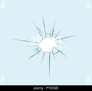 vector glass window crack background. broken glass with a hole. damaged windshield illustration. bullet or ball mark on glass Stock Vector
