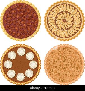 vector set of pie flat icons isolated on white background. homemade apple, crumble apple, pecan and pumpkin pies Stock Vector