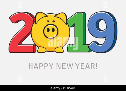 vector happy new year card with pig as chinese zodiac symbol. happy new year text Stock Vector