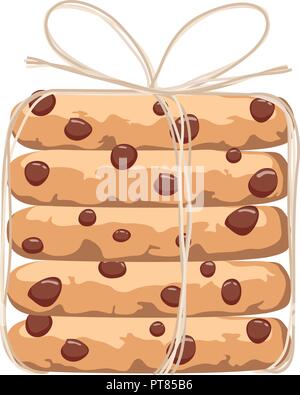 vector breakfast illustration with group of chocolate chip cookies. biscuit cookie stack. flat graphic design Stock Vector