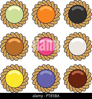 vector jam and chocolate pie set. fruit tart with tasty berry jam filling isolated on white background. pie icons Stock Vector