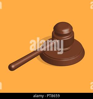 Gavel icon, isolated wooden hammer of judge and stand. 3D isometric style, vector illustration. Stock Vector