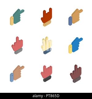 Icons set hand gestures isolated on white background. Flat 3D isometric style, vector illustration. Stock Vector