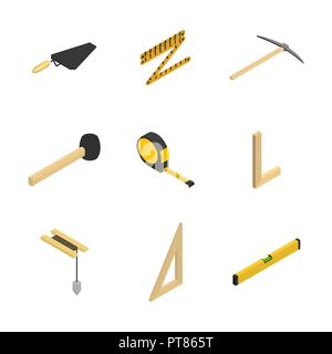 Set icons of a bricklayer tool isolated on white background. Flat 3d isometric style, vector illustration. Stock Vector