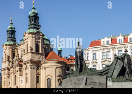 Statue of John Huss. Czech Catholic priest, church reformer, St Nicholas Church, Old Town Square Prague, Czech Republic Stock Photo