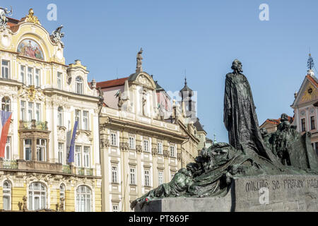 Statue of John Huss. Czech Catholic priest, church reformer, Old Town Square Prague, Czech Republic Stock Photo