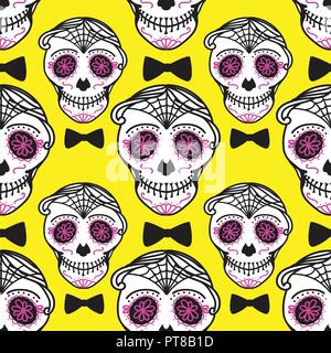 Calavera sign Dia de los muertos. Mexican Day of the dead. Seamless pattern. Bright Vector hand darwing illustration man on yellow Stock Vector