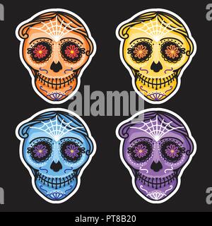 Set Calavera sign Dia de los muertos. Mexican Day of the dead. Vector hand drawing illustration man sticker. Orange color Stock Vector