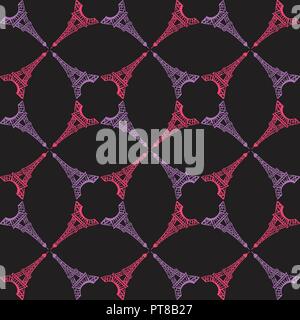 Seamless pattern. Modern Bright design print fabric. Illustration purple ink Eiffel Tower. Abstract ornament hand drawing. Vector illustration is isolated on a dark ground. Stock Vector