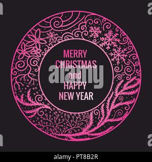 Card Merry Christmas and Happy New Year. Round frame hand drawn pink color ornaments. Vector illustration isolated on dark background. Stock Vector