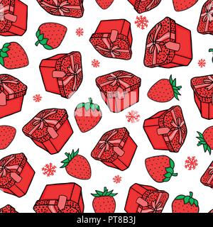 Fashion illustration of a red strawberry and red gift box seamless pattern. Hand drawing sketch. Vector illustration background. Christmas and New Year's packaging concept Stock Vector