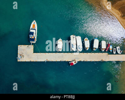 Landscape with boats in marina bay. Top view of harbor with sailboat. Stock Photo