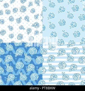 Abstract winter blue white roses. Set of seamless patterns backgrounds. Stock Vector