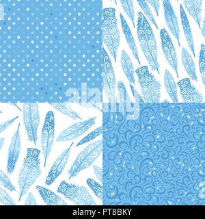 Abstract winter blue white feathers. Set of seamless patterns backgrounds. Stock Vector