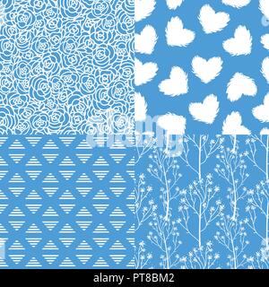 Abstract winter blue white roses, wild flower, heart. Set of seamless patterns backgrounds. Stock Vector