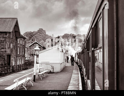 Steam train about to depart from Grosmont station on the North Yorkshire Moors Railway, North Yorkshire, England. UK Stock Photo