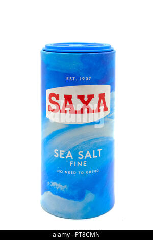 Largs, Scotland, UK -  October 04, 2018: SAXA Fine sea salt in a recyclable cardboard composite container. In line with UK guide lines. Stock Photo