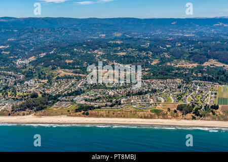 The aerial view of California coast with the city of Aptos, close to the city of Santa Cruz. Stock Photo