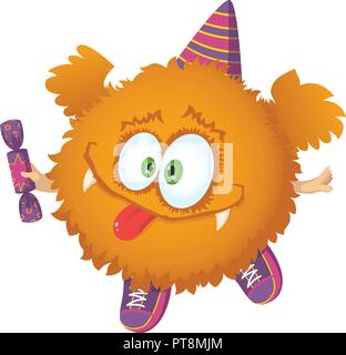 Cute red fluffy character with wings, sneakers, party cap and candy. Vector illustration isolated on white background. Halloween character. Stock Vector