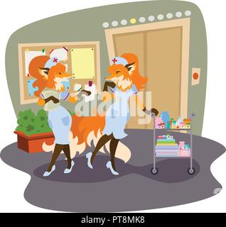 Foxes are nurses in the hospital. Children's illustration. Vector illustration isolated on white background. Stock Vector