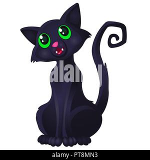 Funny sly black cat with green eyes and curved spiral tail shows tooth isolated on white background. Cute homeless animals. Vector cartoon close-up illustration. Stock Vector