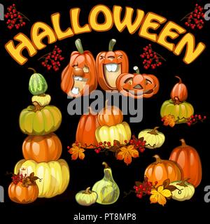 Poster on theme of Halloween holiday party or greeting card on theme of golden autumn. Fallen autumn tree leaves, rowan berries and pumpkin form of jack-o-lantern. Cartoon vector close-up illustration Stock Vector