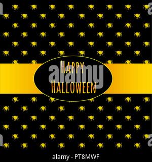 Poster on theme of Halloween holiday party or greeting card with silhouettes of spiders crawling in yellow on a black background. Stylish card with modern design. Cartoon vector close-up illustration. Stock Vector