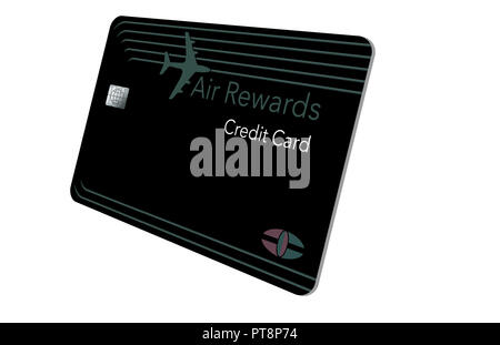 Here is a modern design on a air miles rewards credit card. It shows the card close up with a plane landing in the distance behind the card. This is a Stock Photo