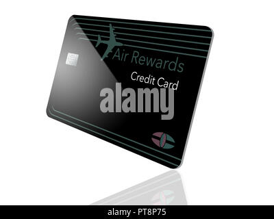 Here is a modern design on a air miles rewards credit card. It shows the card close up with a plane landing in the distance behind the card. This is a Stock Photo