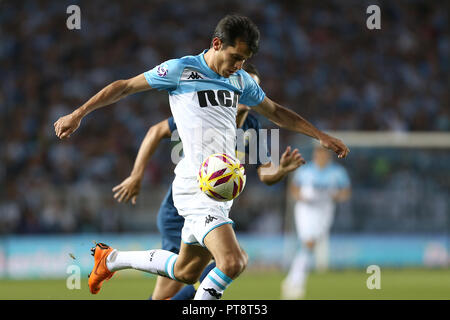 Buenos Aires, Argentina - October 07, 2018: Augusto Solari (Racing) takes the ball in the Estadio Juan Domingo Peron in Buenos Aires, Argentina Stock Photo