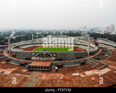 aerial view of the University Olympic Stadium, home of the soccer team Los Pumas de la UNAM. National Autonomous University of Mexico. CU. Mexico City.  high angle view (Photo: Luis Gutierrez / NortePhoto.com)  vista aerea del Estadio Olímpico Universitario, casa del equipo de futbol Los Pumas de la UNAM. Universidad Nacional Autónoma de México. CU. Ciudad de Mexico. (Foto: Luis Gutierrez / NortePhoto.com) Stock Photo