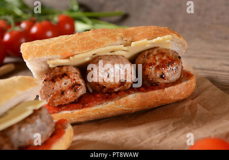 Sandwich with meat balls, cheese and sauce Stock Photo