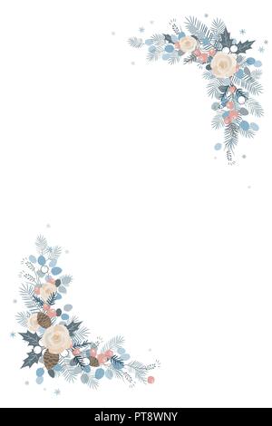 Christmas fir or pine tree decoration. Evergreen Border Design. Isolated frame on a white background. Vector illustration, elegant pastel palette Stock Vector